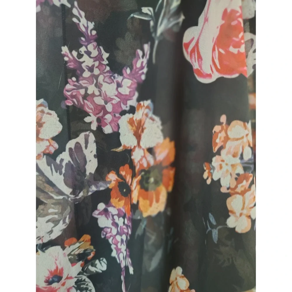 Hibluco Floral Kimono Cardigan Sheer Chiffon Lace Trim Cover Up Black‎ XL